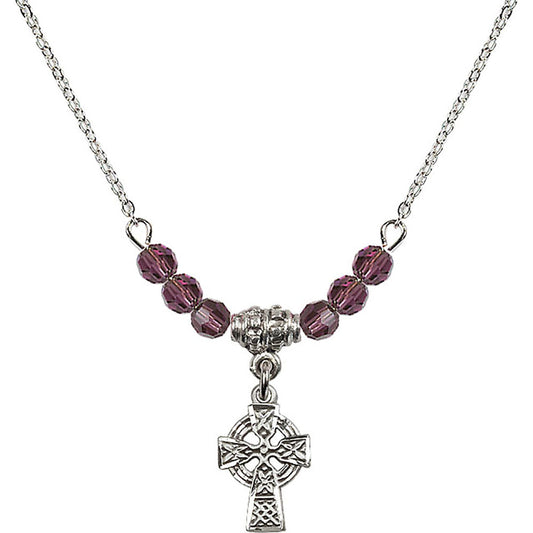 Sterling Silver Celtic Cross Birthstone Necklace with Amethyst Beads - 4133