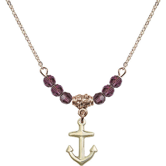 14kt Gold Filled Anchor Birthstone Necklace with Amethyst Beads - 4158