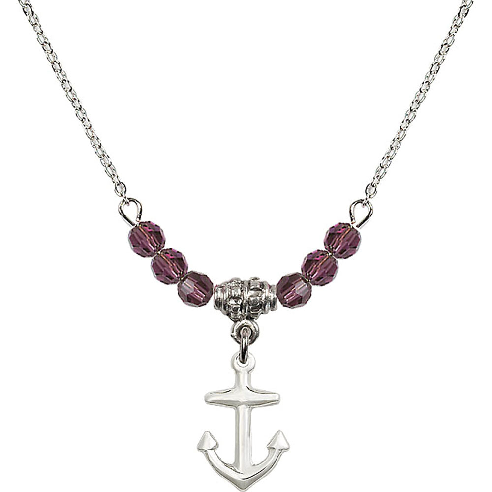 Sterling Silver Anchor Birthstone Necklace with Amethyst Beads - 4158