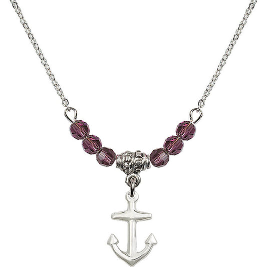 Sterling Silver Anchor Birthstone Necklace with Amethyst Beads - 4158