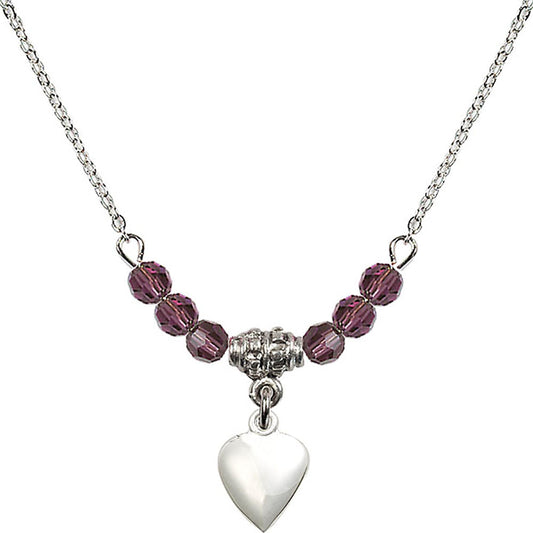 Sterling Silver Heart Birthstone Necklace with Amethyst Beads - 4158