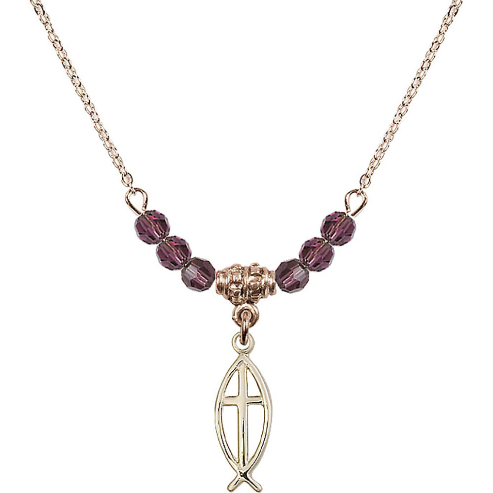 14kt Gold Filled Fish / Cross Birthstone Necklace with Amethyst Beads - 4251