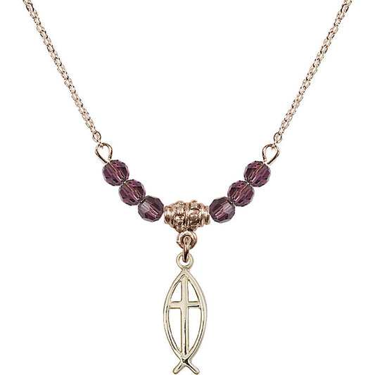 14kt Gold Filled Fish / Cross Birthstone Necklace with Amethyst Beads - 4251