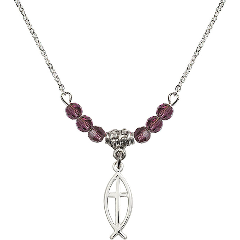 Sterling Silver Fish / Cross Birthstone Necklace with Amethyst Beads - 4251