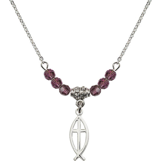 Sterling Silver Fish / Cross Birthstone Necklace with Amethyst Beads - 4251