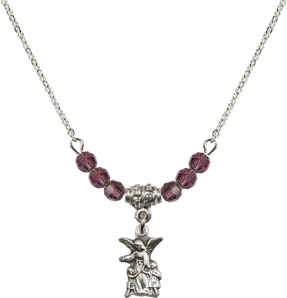 Sterling Silver Guardian Angel Birthstone Necklace with Amethyst Beads - 4253