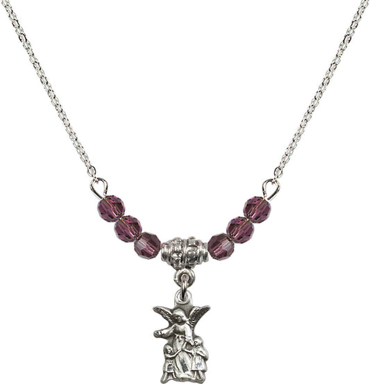 Sterling Silver Guardian Angel Birthstone Necklace with Amethyst Beads - 4253
