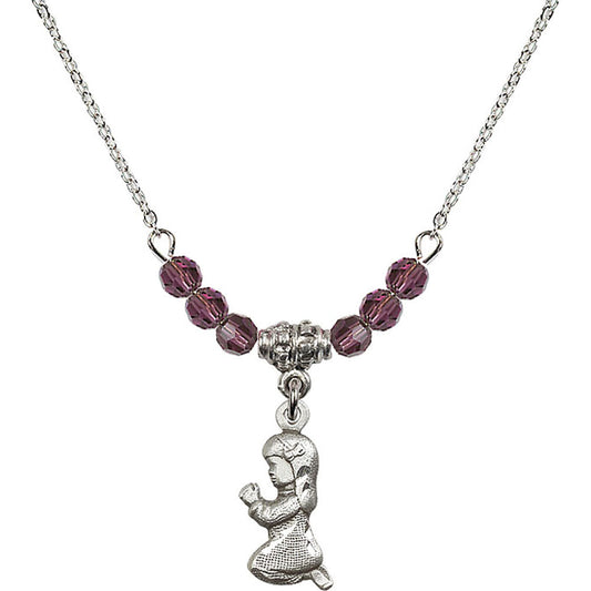 Sterling Silver Praying Girl Birthstone Necklace with Amethyst Beads - 4262