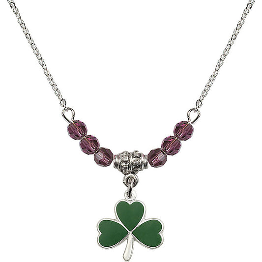 Sterling Silver Shamrock Birthstone Necklace with Amethyst Beads - 5243