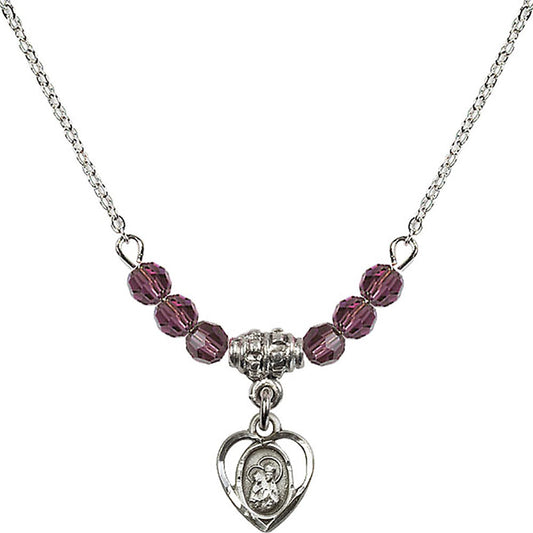 Sterling Silver Saint Ann Birthstone Necklace with Amethyst Beads - 5414