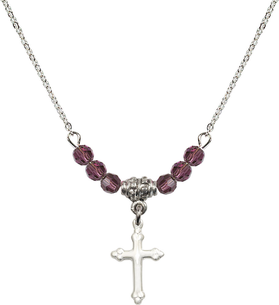 Sterling Silver Cross Birthstone Necklace with Amethyst Beads - 5415