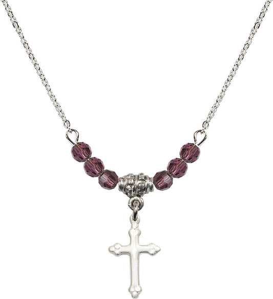 Sterling Silver Cross Birthstone Necklace with Amethyst Beads - 5415