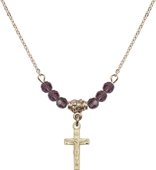 14kt Gold Filled Crucifix Birthstone Necklace with Amethyst Beads - 5417