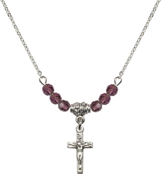 Sterling Silver Crucifix Birthstone Necklace with Amethyst Beads - 5417