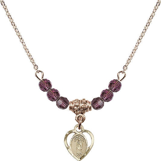 14kt Gold Filled Our Lady of Guadalupe Birthstone Necklace with Amethyst Beads - 5422