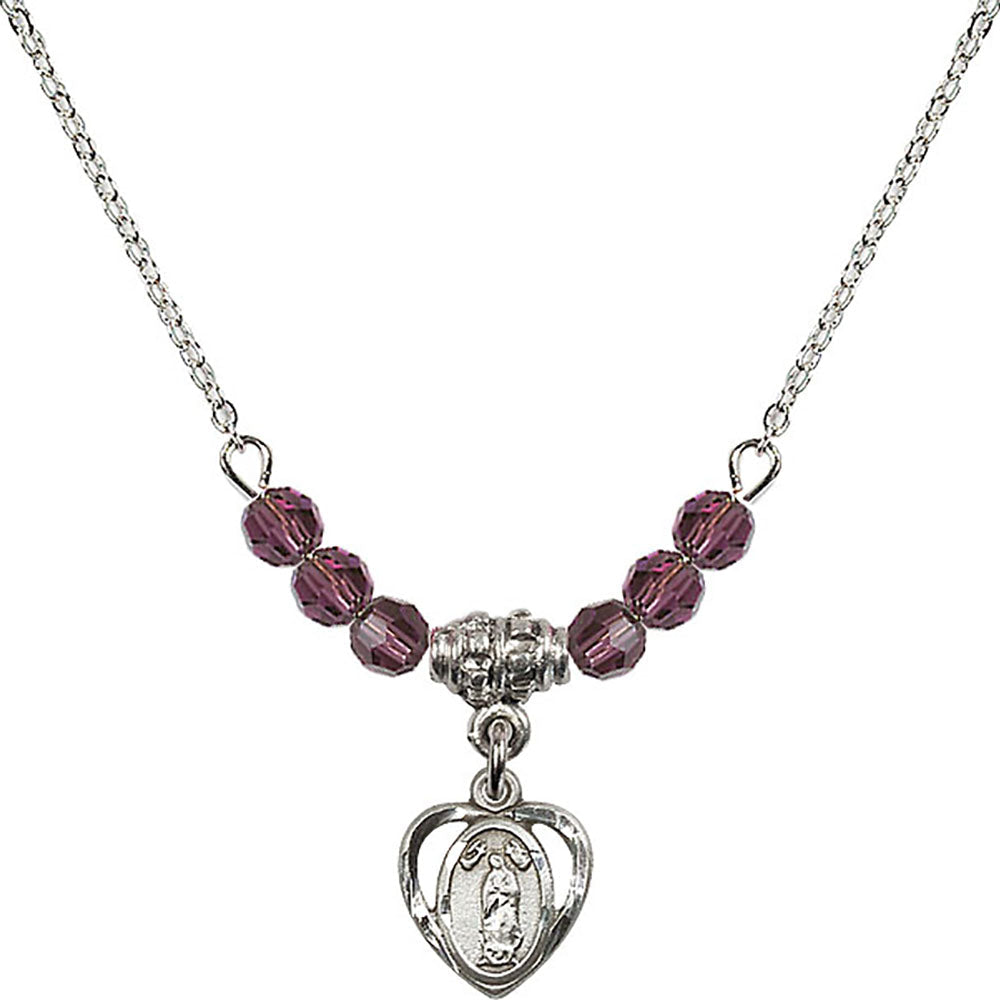 Sterling Silver Our Lady of Guadalupe Birthstone Necklace with Amethyst Beads - 5422