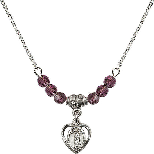 Sterling Silver Our Lady of Guadalupe Birthstone Necklace with Amethyst Beads - 5422