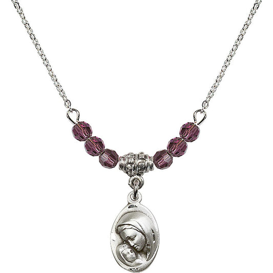 Sterling Silver Madonna & Child Birthstone Necklace with Amethyst Beads - 5447