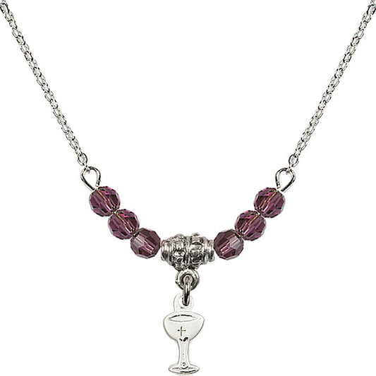 Sterling Silver Chalice Birthstone Necklace with Amethyst Beads - 5614