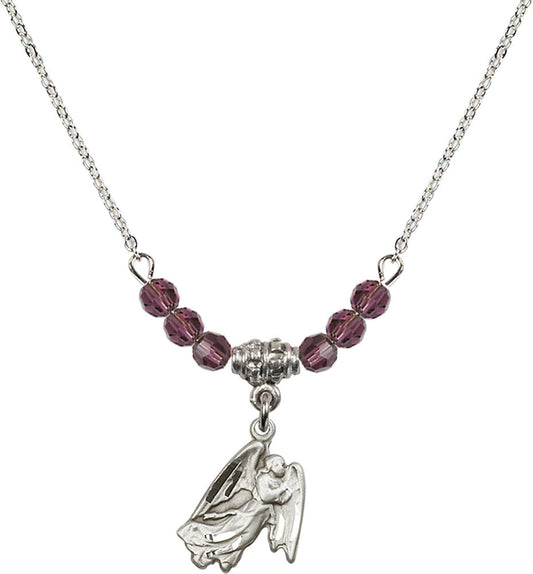 Sterling Silver Guardian Angel Birthstone Necklace with Amethyst Beads - 5642