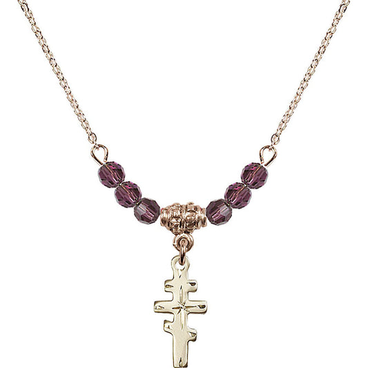 14kt Gold Filled Greek Orthadox Cross Birthstone Necklace with Amethyst Beads - 5654