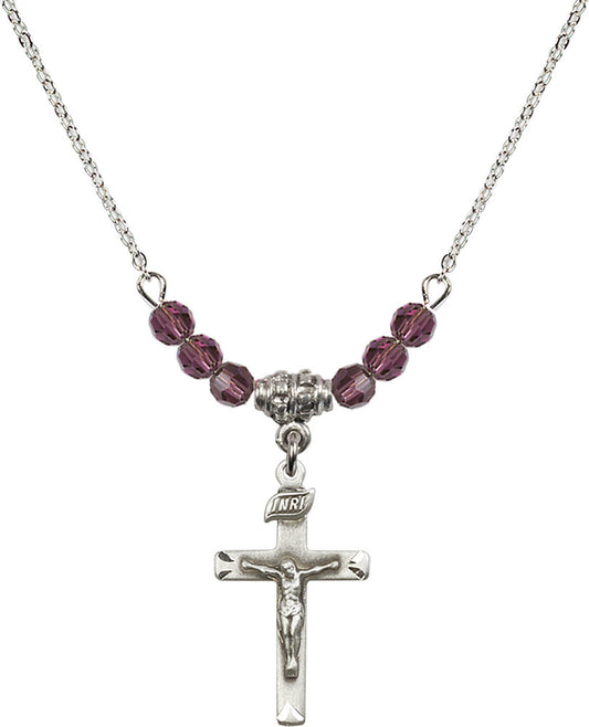 Sterling Silver Crucifix Birthstone Necklace with Amethyst Beads - 5668
