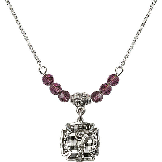 Sterling Silver Saint Florian Birthstone Necklace with Amethyst Beads - 5686