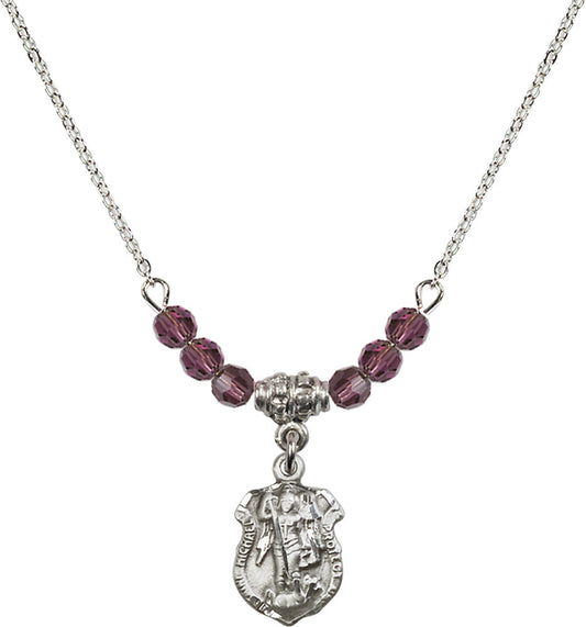 Sterling Silver Saint Michael the Archangel Birthstone Necklace with Amethyst Beads - 5699