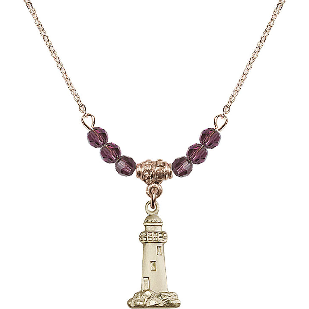 14kt Gold Filled Lighthouse Birthstone Necklace with Amethyst Beads - 5922