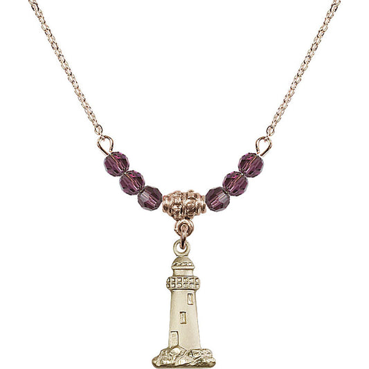 14kt Gold Filled Lighthouse Birthstone Necklace with Amethyst Beads - 5922