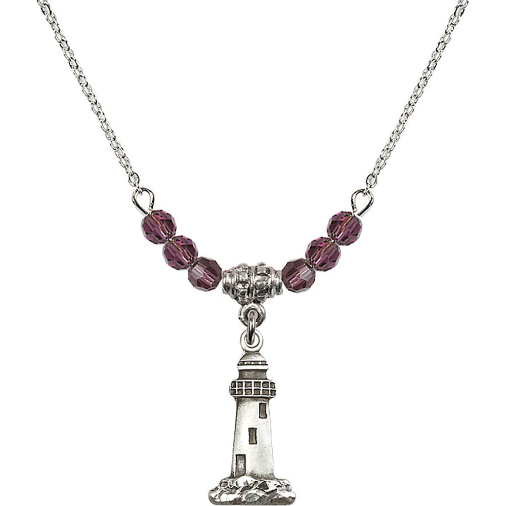 Sterling Silver Lighthouse Birthstone Necklace with Amethyst Beads - 5922