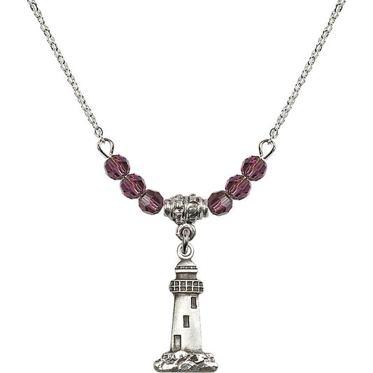 Sterling Silver Lighthouse Birthstone Necklace with Amethyst Beads - 5922
