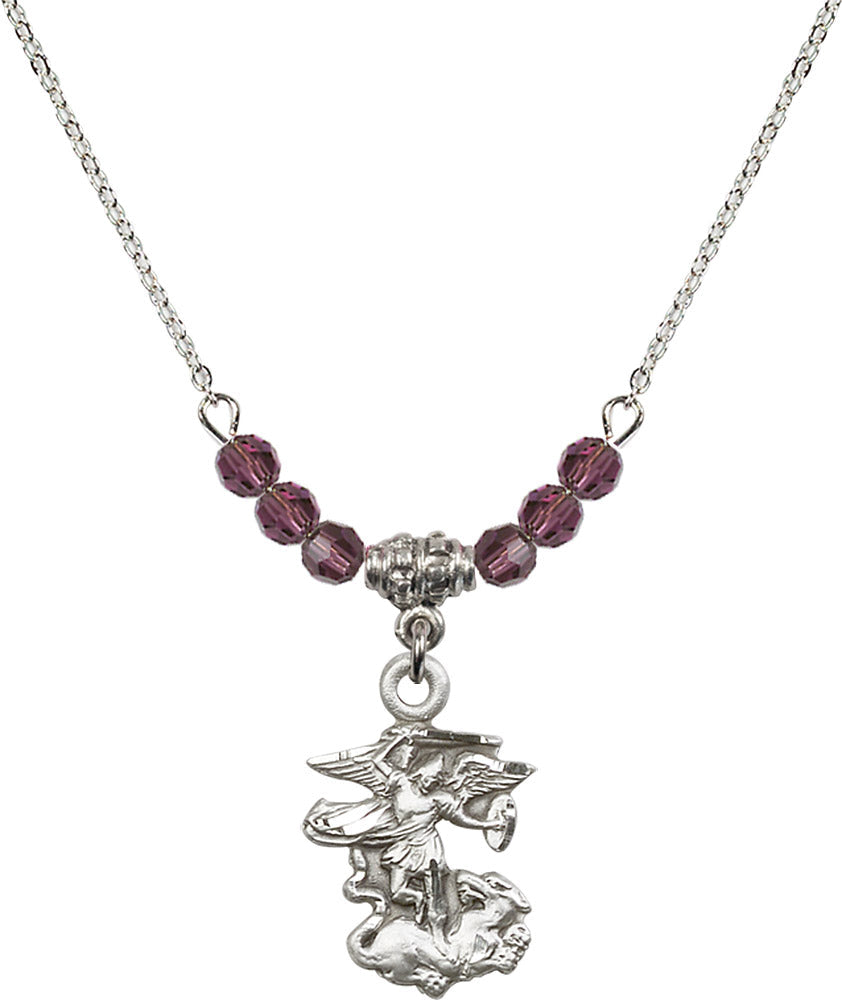 Sterling Silver Saint Michael the Archangel Birthstone Necklace with Amethyst Beads - 5940