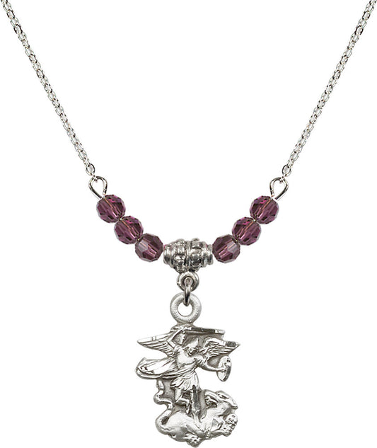 Sterling Silver Saint Michael the Archangel Birthstone Necklace with Amethyst Beads - 5940