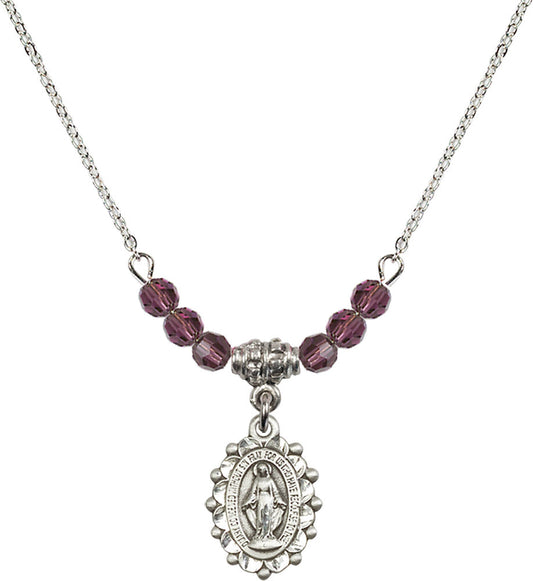 Sterling Silver Miraculous Birthstone Necklace with Amethyst Beads - 6040