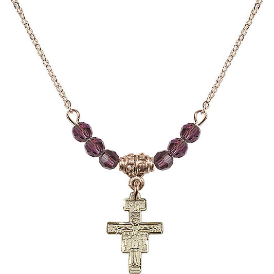 14kt Gold Filled San Damiano Crucifix Birthstone Necklace with Amethyst Beads - 6078