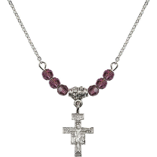 Sterling Silver San Damiano Crucifix Birthstone Necklace with Amethyst Beads - 6078