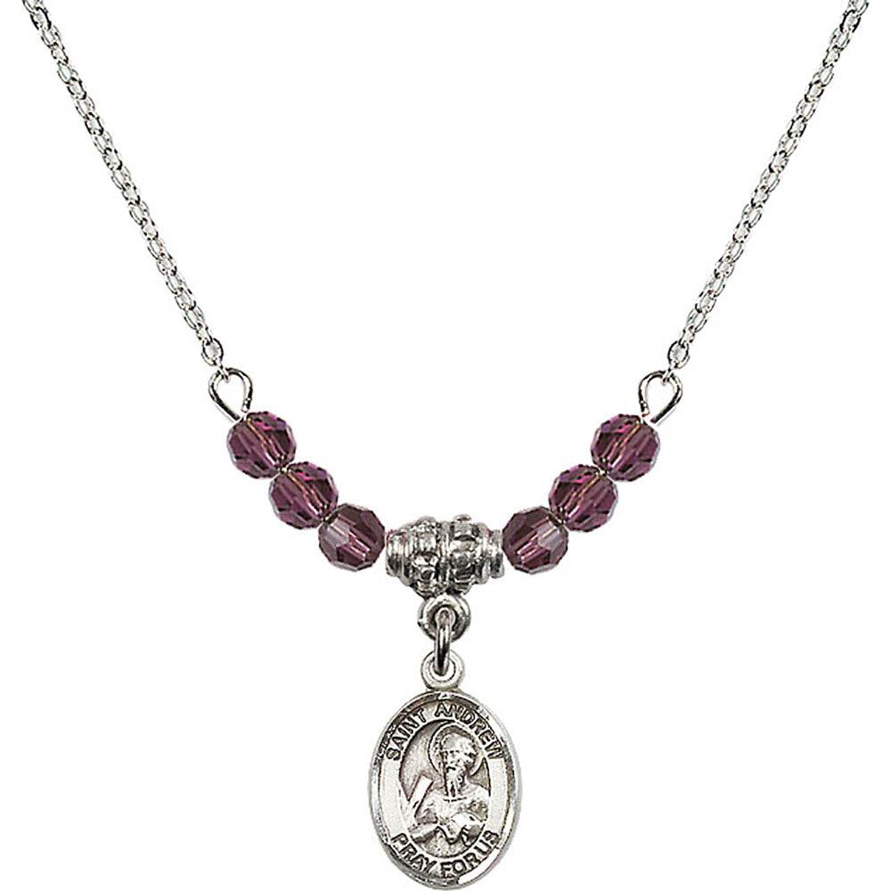 Sterling Silver Saint Andrew the Apostle Birthstone Necklace with Amethyst Beads - 9000