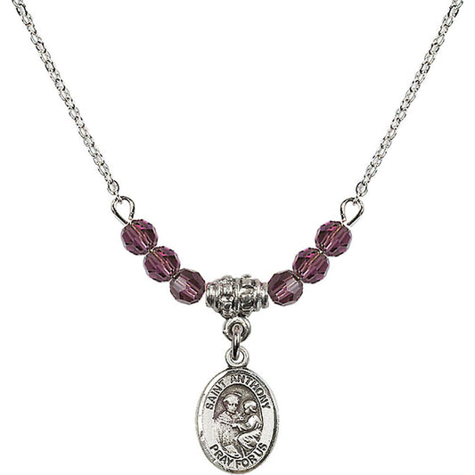 Sterling Silver Saint Anthony of Padua Birthstone Necklace with Amethyst Beads - 9004