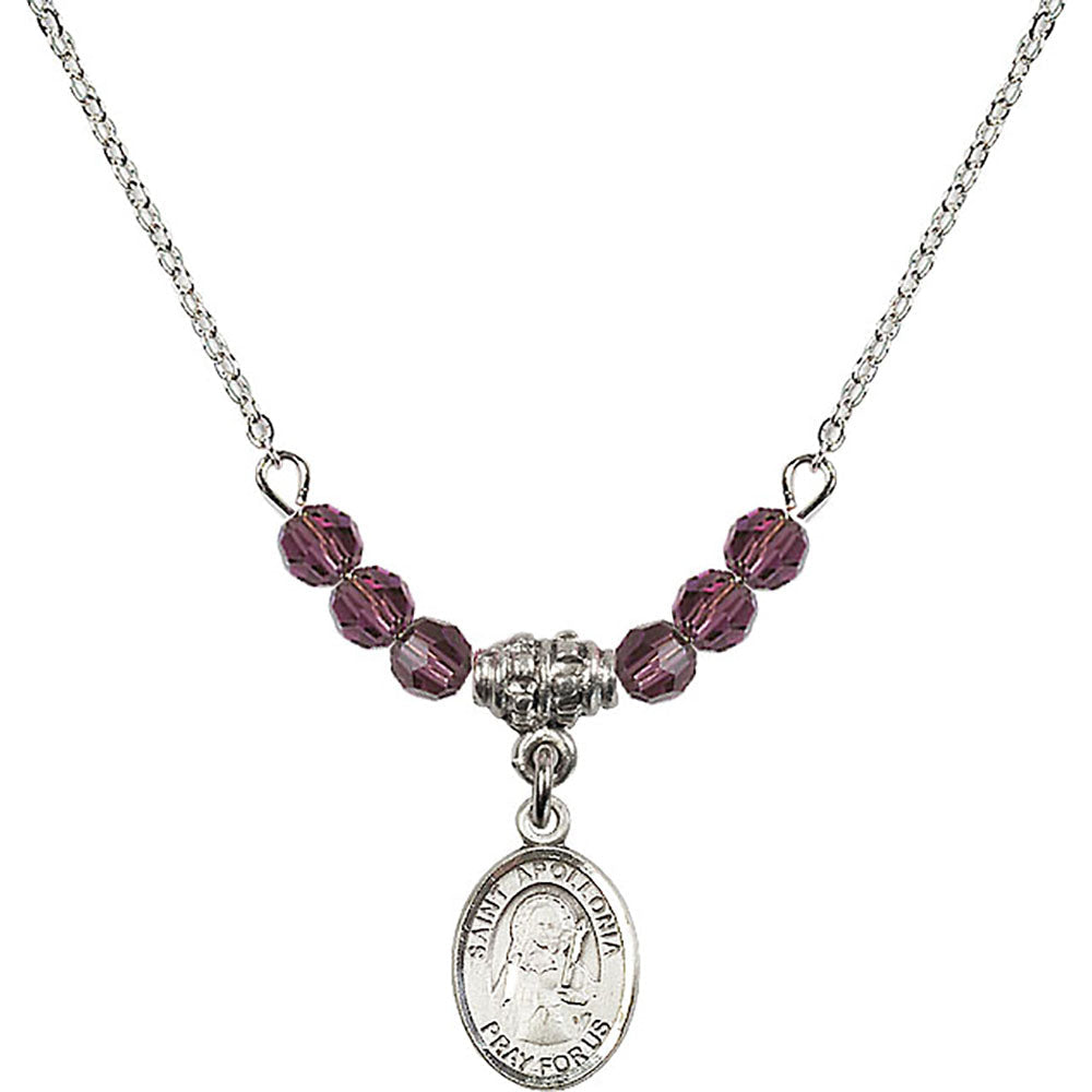 Sterling Silver Saint Apollonia Birthstone Necklace with Amethyst Beads - 9005