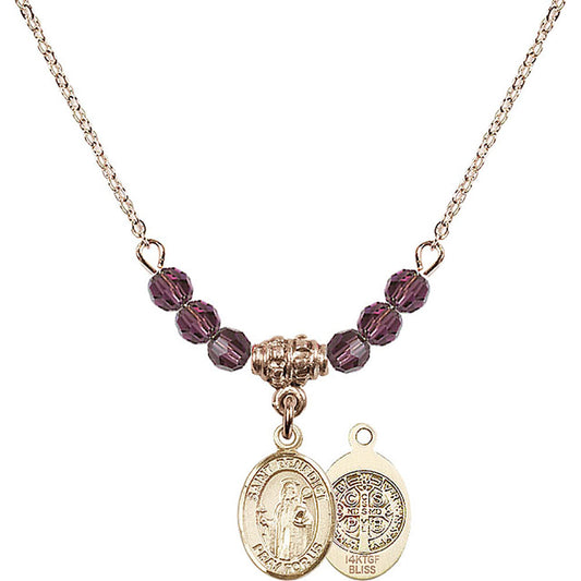 14kt Gold Filled Saint Benedict Birthstone Necklace with Amethyst Beads - 9008