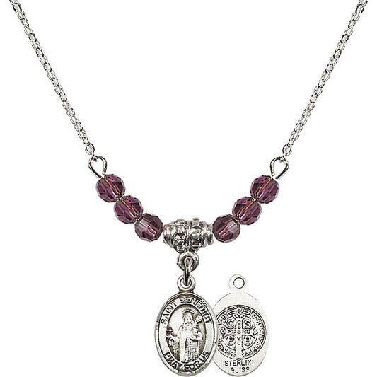 Sterling Silver Saint Benedict Birthstone Necklace with Amethyst Beads - 9008