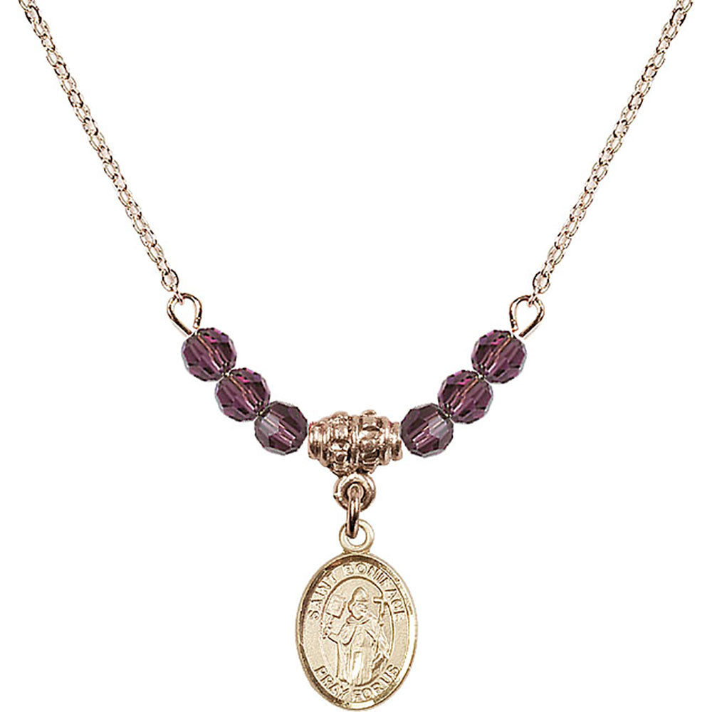 14kt Gold Filled Saint Boniface Birthstone Necklace with Amethyst Beads - 9009