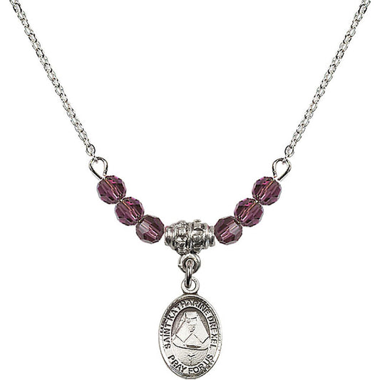 Sterling Silver Saint Katharine Drexel Birthstone Necklace with Amethyst Beads - 9015