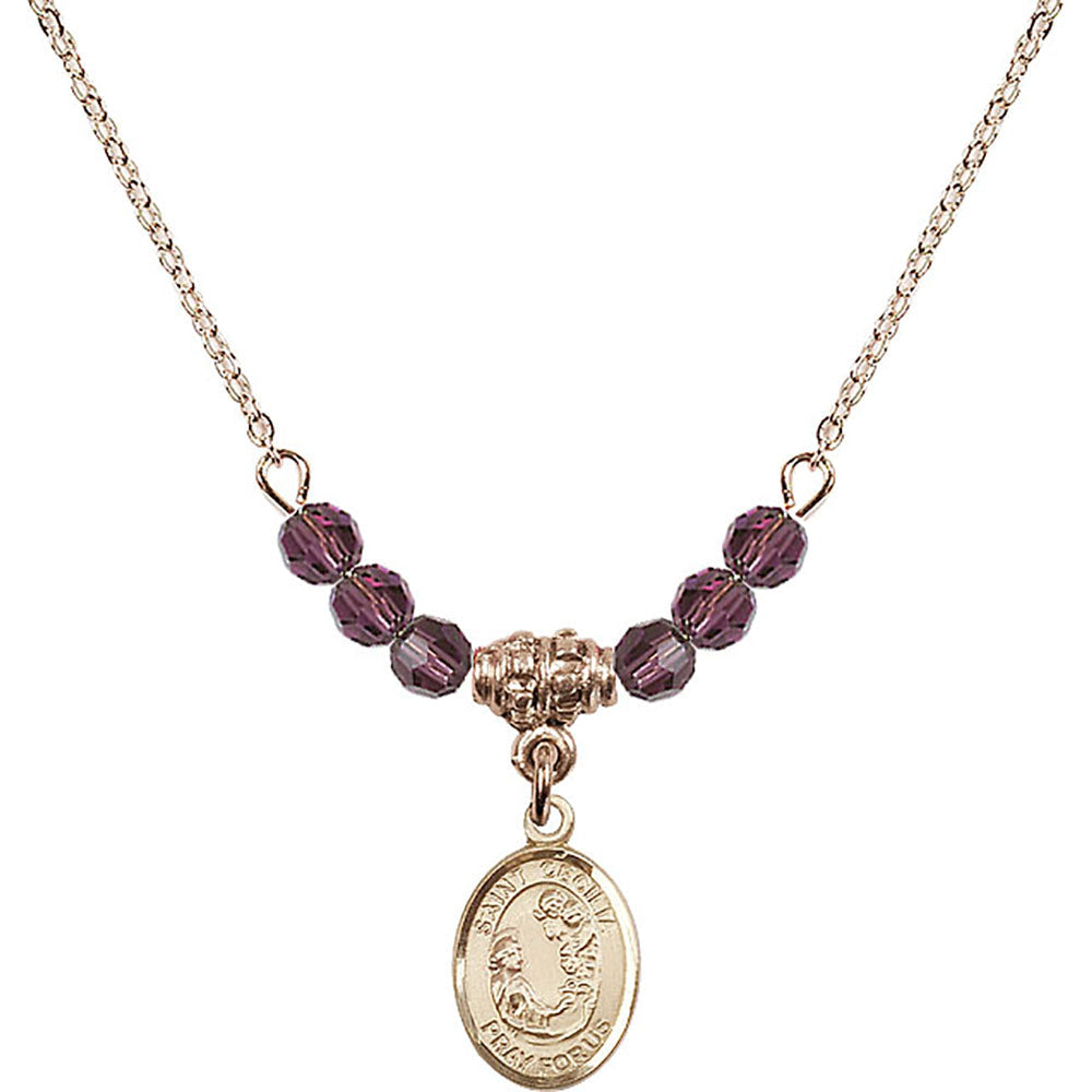14kt Gold Filled Saint Cecilia Birthstone Necklace with Amethyst Beads - 9016
