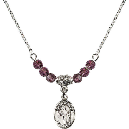 Sterling Silver Saint Brendan the Navigator Birthstone Necklace with Amethyst Beads - 9018