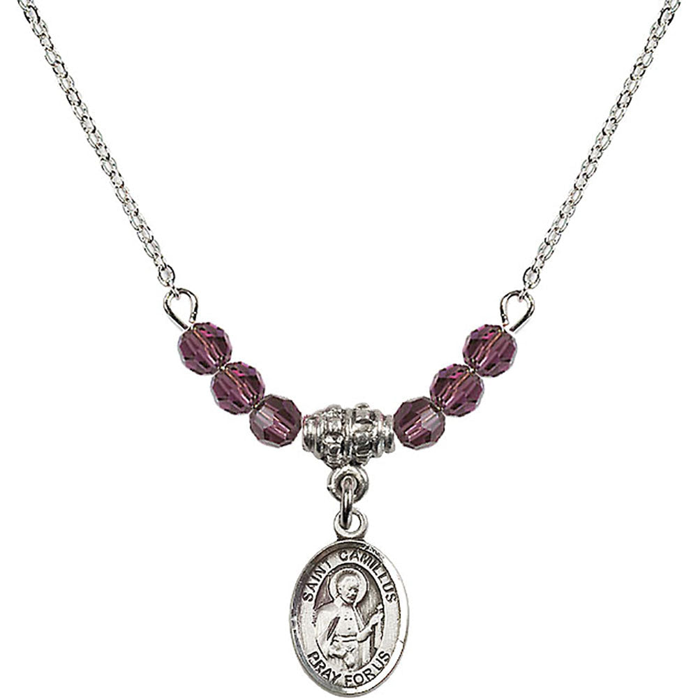 Sterling Silver Saint Camillus of Lellis Birthstone Necklace with Amethyst Beads - 9019