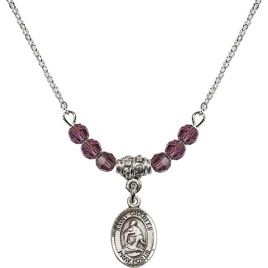 Sterling Silver Saint Charles Borromeo Birthstone Necklace with Amethyst Beads - 9020