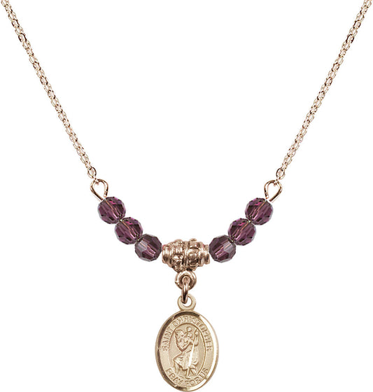 14kt Gold Filled Saint Christopher Birthstone Necklace with Amethyst Beads - 9022