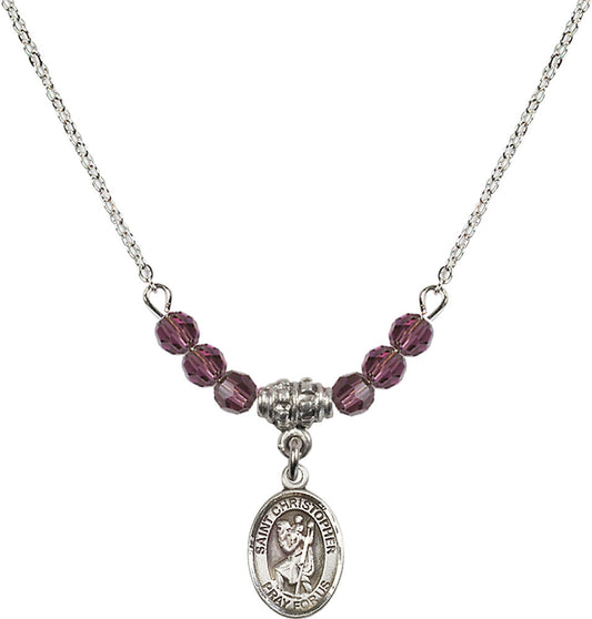 Sterling Silver Saint Christopher Birthstone Necklace with Amethyst Beads - 9022